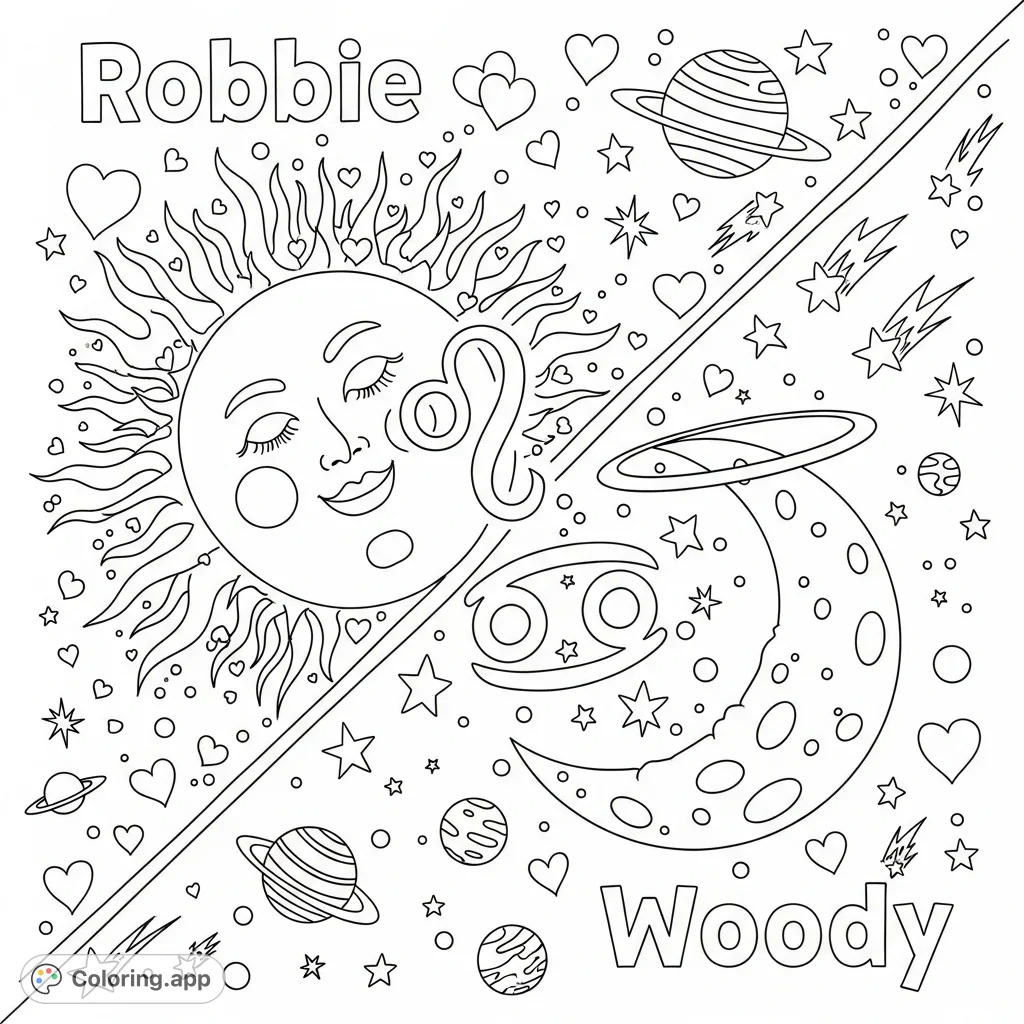A whimsical celestial Sun Moon coloring page, diagonally divided with astrological symbols Leo and Cancer, planets, and stars for creative expression.