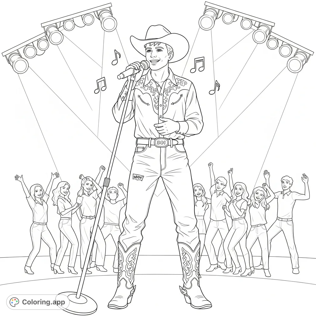 Capture the electrifying energy of a live concert with this detailed cowboy singer coloring page, featuring a charismatic performer and an adoring audience.