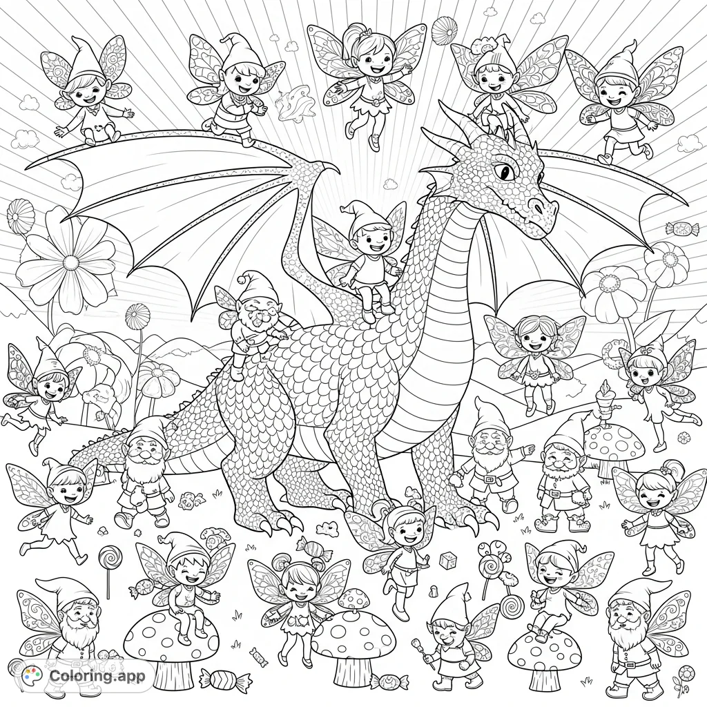 A whimsical fantasy daycare scene featuring a friendly dragon, helpful nanny gnomes, and many smiling fairy children with unique wings, enjoying playful activities and dragon rides.