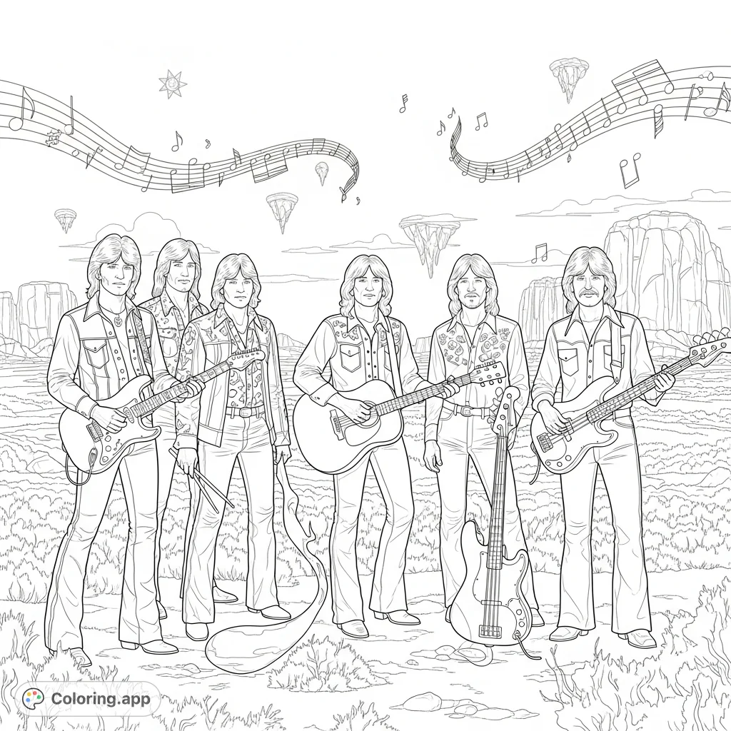 An iconic Eagles rock band coloring page featuring the legendary musicians posing with their instruments against a rugged landscape, ready for a fan's creative touch.