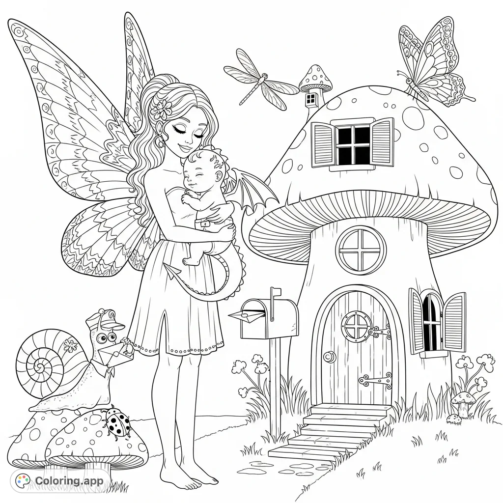 A heartwarming enchanted forest coloring page featuring a young fairy cradling her baby dragon at their mushroom home, with a snail mailman delivering.