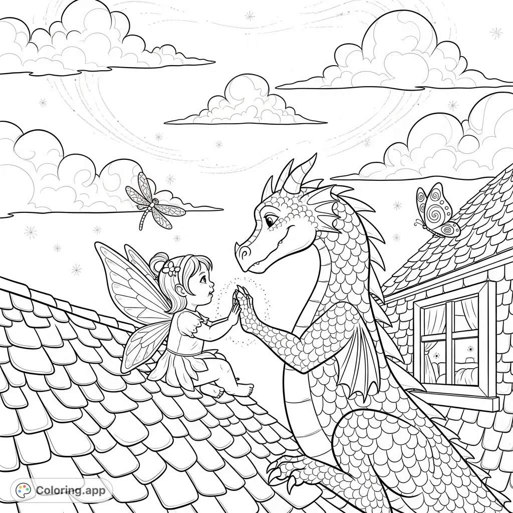 A whimsical fantasy coloring page featuring a toddler fairy and her protective dragon playing pat-a-cake on a rooftop, with dancing clouds.