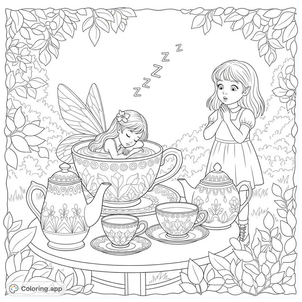 A charming scene where a little girl discovers a delicate fairy peacefully asleep in an ornate teacup amidst a backyard tea set. Pure wonder and magic!