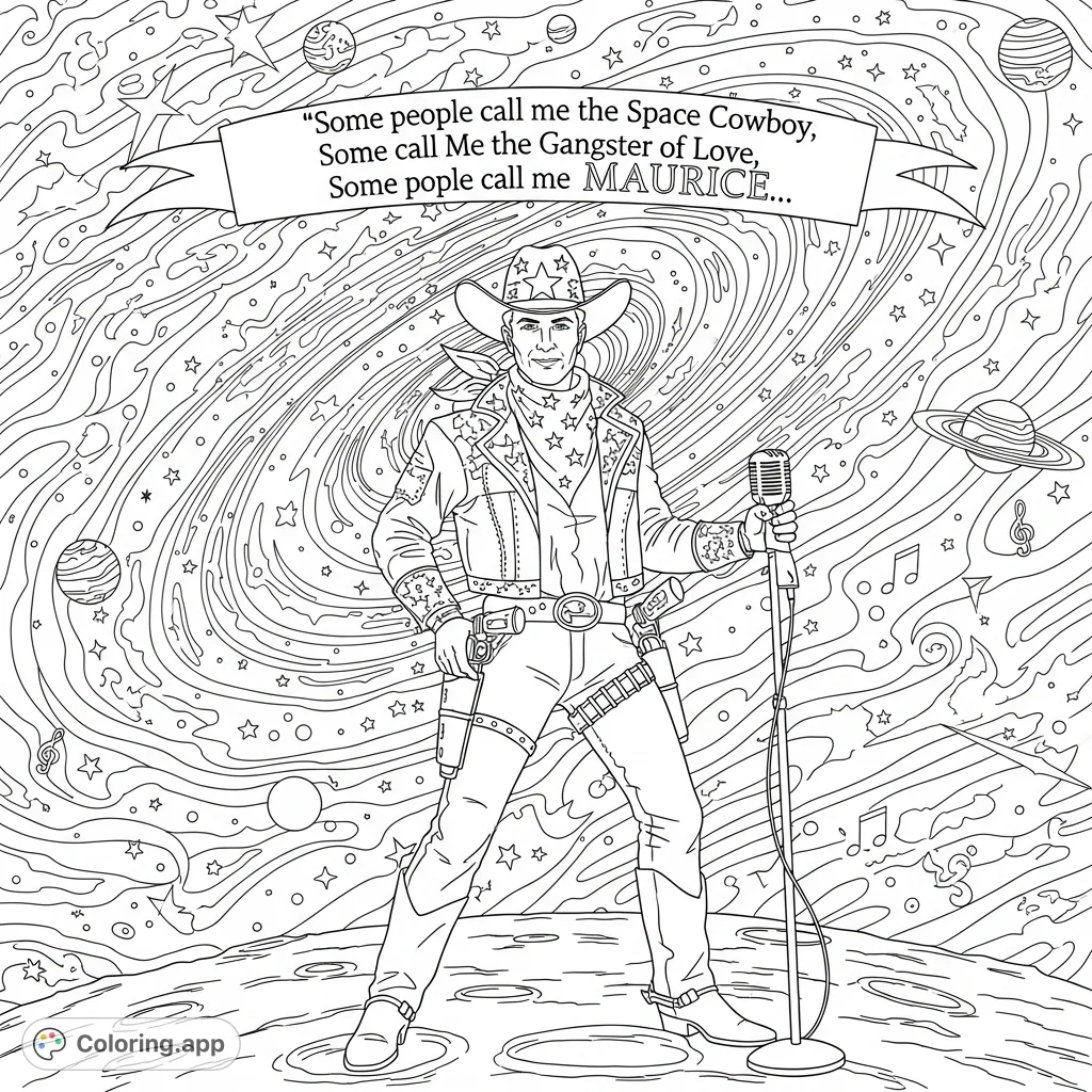 Color this unique Space Cowboy Maurice, a legendary character blending cosmic adventure with retro swagger. Features his iconic quote and a galactic backdrop.