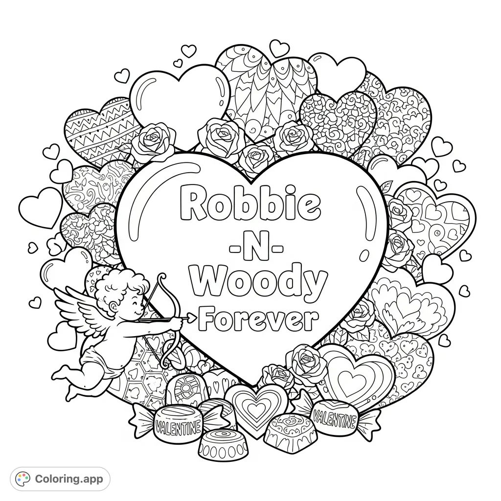 A sweet coloring page with "Robbie -N- Woody Forever" in bubble script, surrounded by hearts, some intricate, and a cute cupid aiming an arrow.