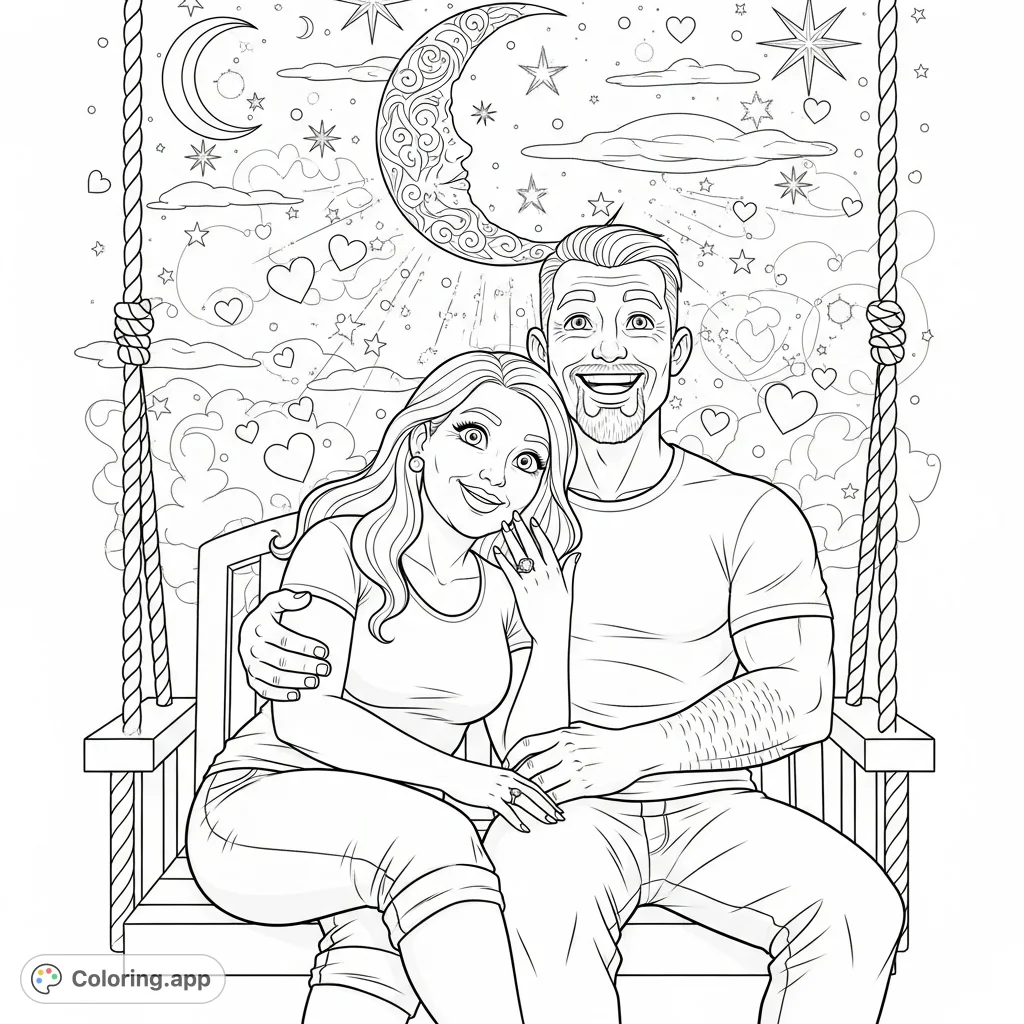 A heartwarming romantic couple on a porch swing under the moon and stars. Perfect for a cozy, intimate coloring experience celebrating love.