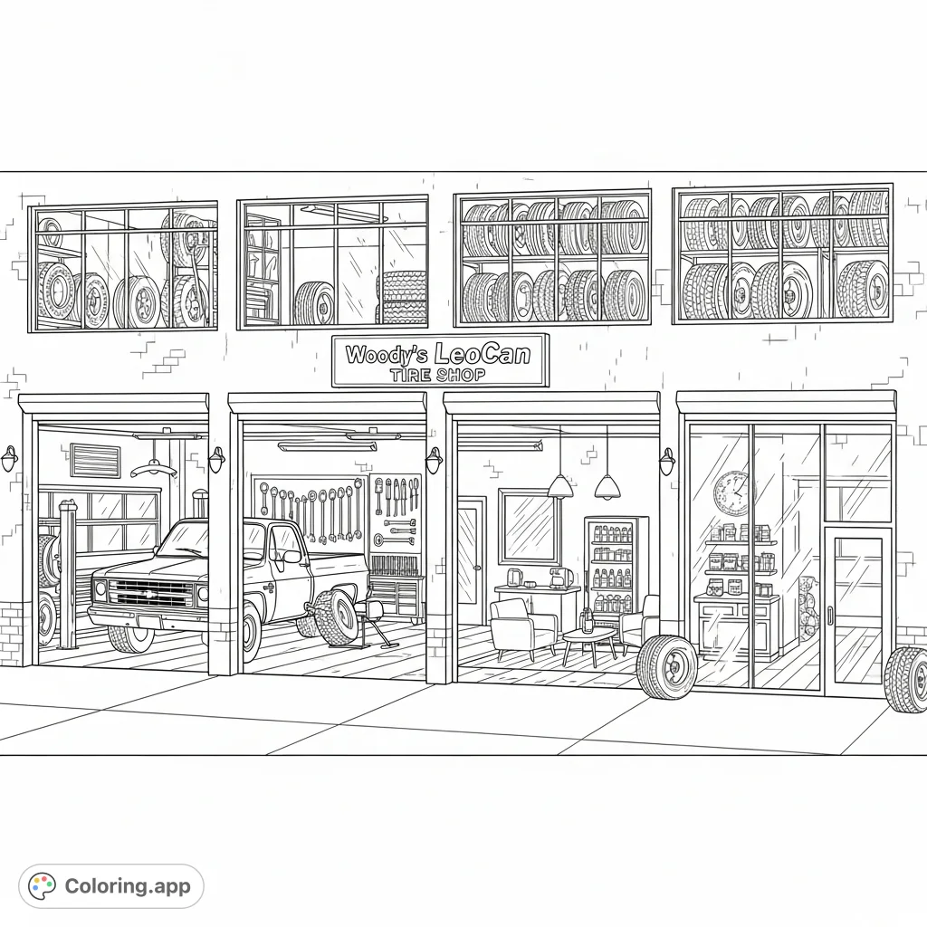 Discover a detailed coloring page of Woody's LeoCan Tire Shop, featuring a classic 1985 Chevrolet Silverado and a sophisticated interior.
