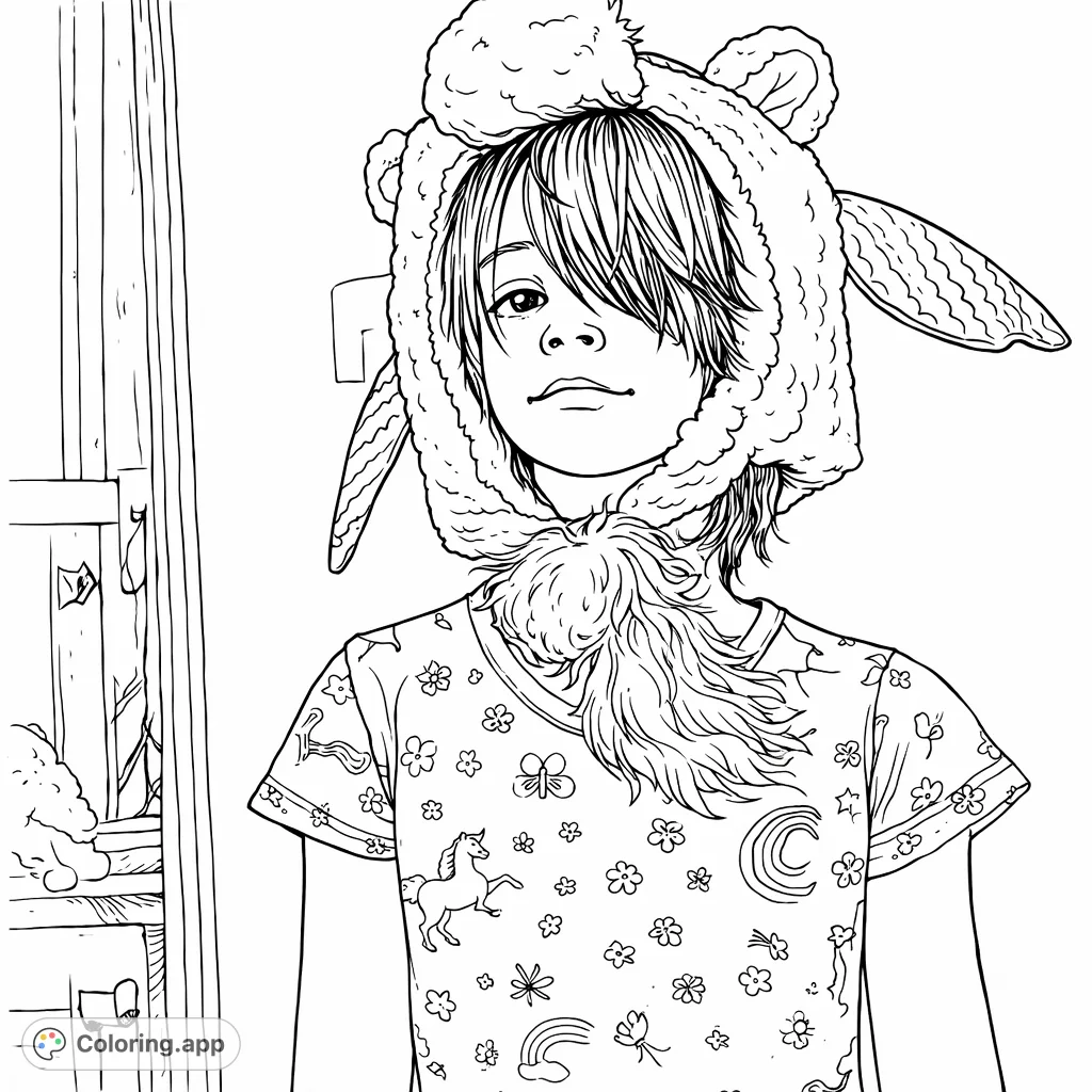 A charming child dons a fluffy unicorn hat with patterned ears and a playful shirt, ready for a creative coloring adventure. Perfect for young dreamers!