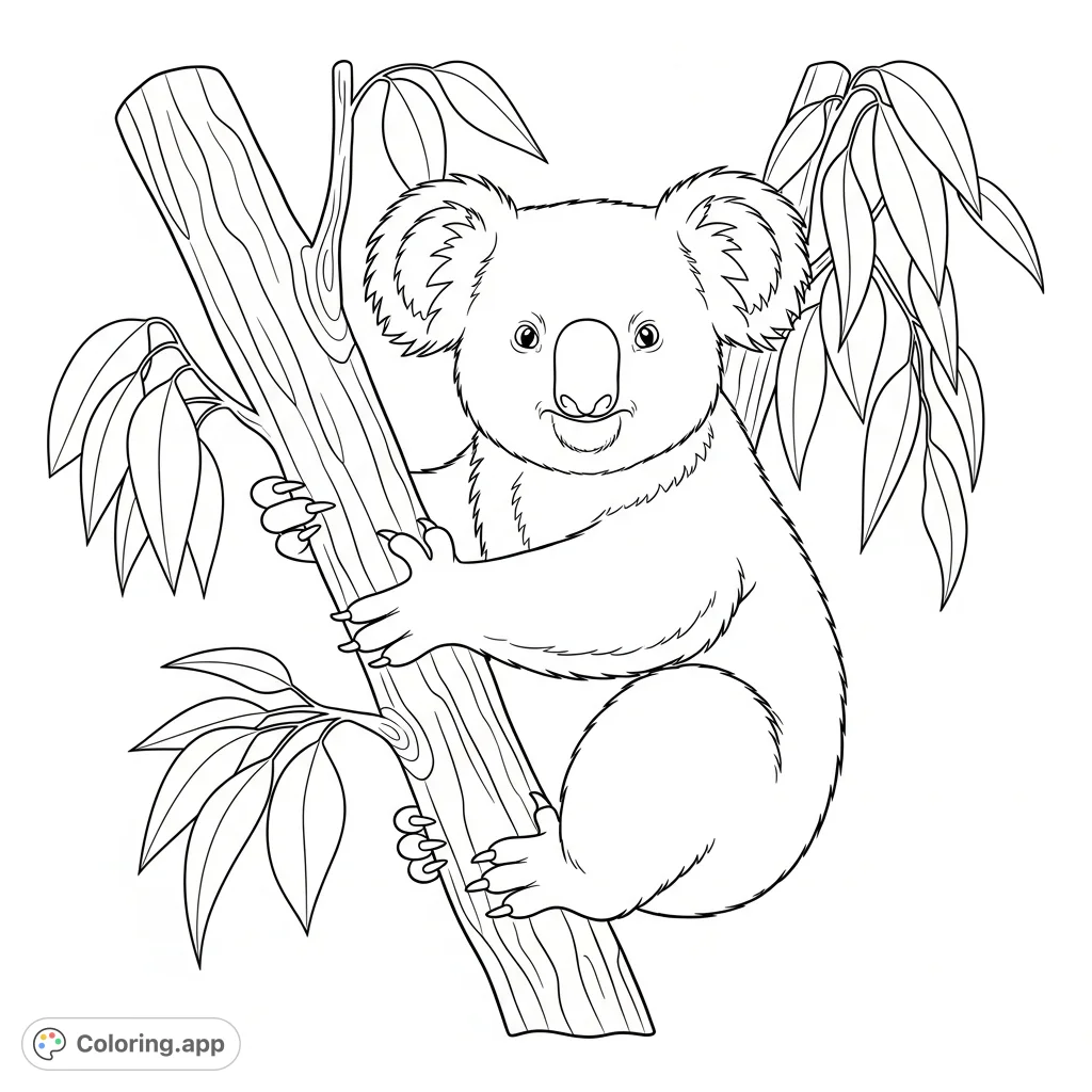 Discover this adorable koala coloring page, featuring a cute koala hugging a textured tree branch amidst eucalyptus leaves. Perfect for nature lovers!
