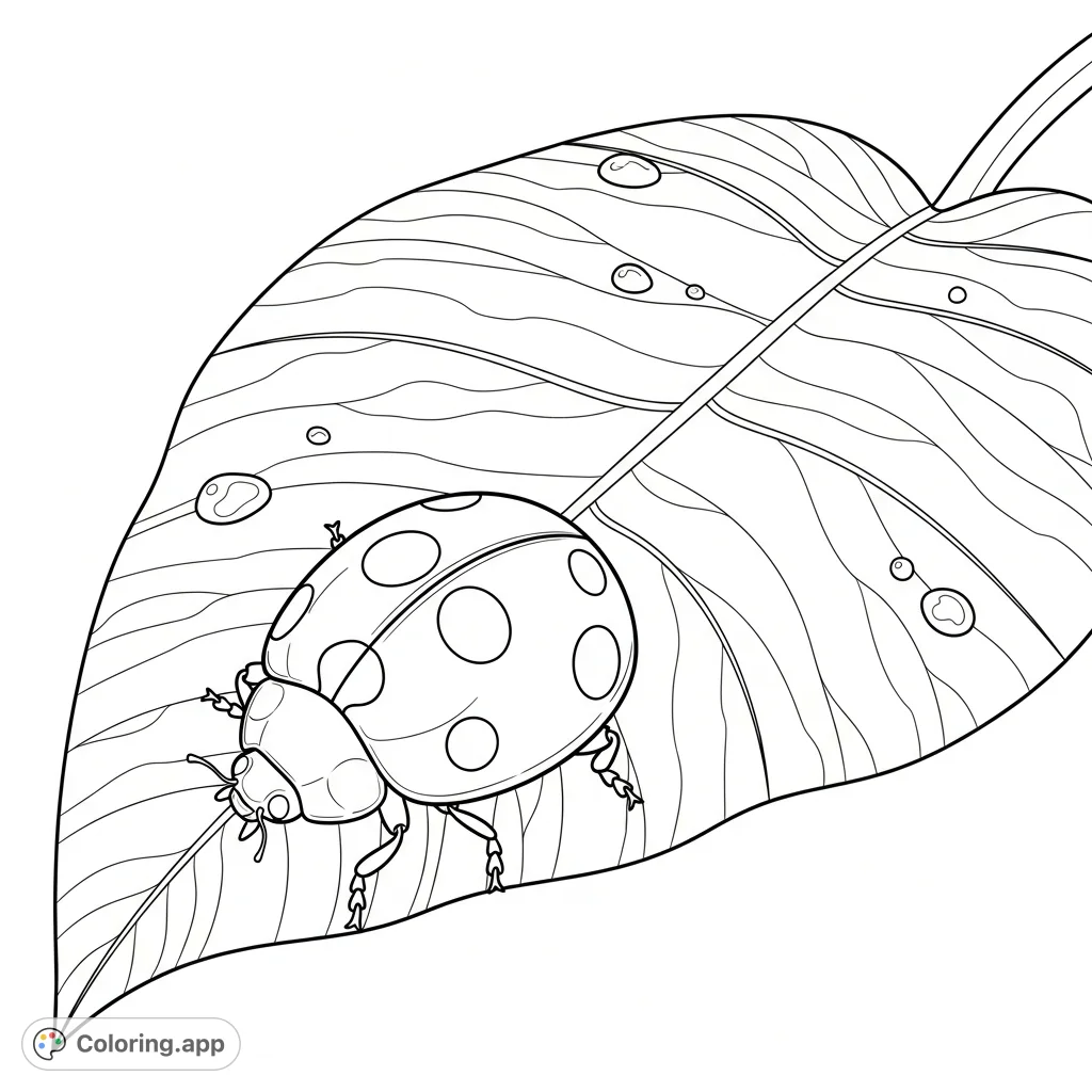 Discover this charming ladybug coloring page featuring a large, friendly insect with distinct spots on a broad, veined leaf. Perfect for fostering creativity!