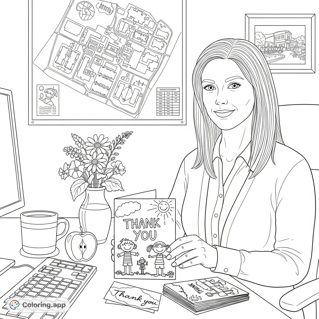 A detailed office desk scene featuring an administrative assistant, handmade 'thank you' cards, wildflowers, and school-themed decor. Perfect for appreciation.