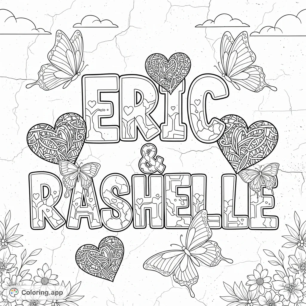 A dynamic graffiti coloring page featuring "Eric" and "Rashelle" surrounded by whimsical hearts and delicate butterflies, perfect for personal expression.