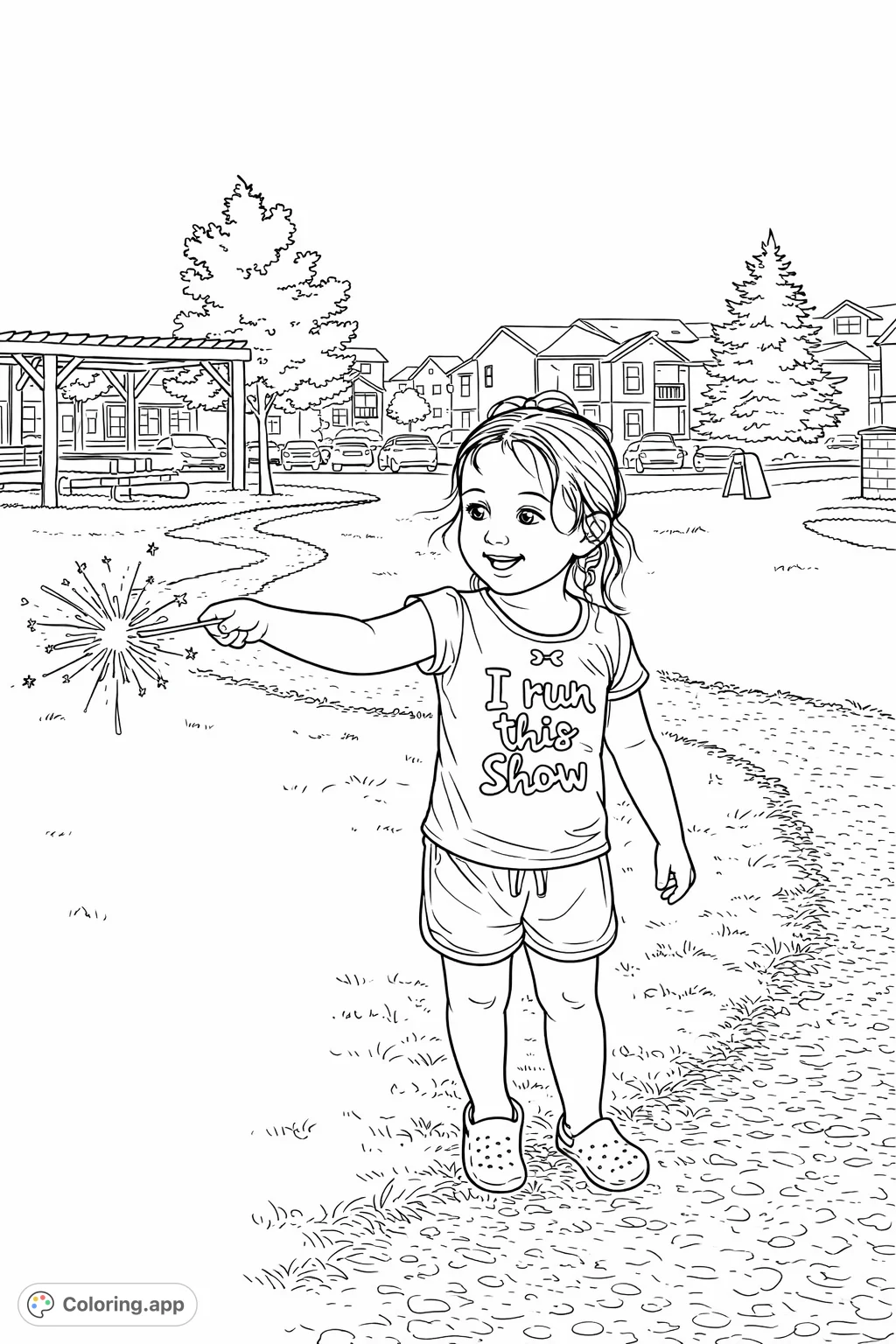 A cheerful child lights up the scene, holding a dazzling sparkler amidst a grassy park setting with buildings and trees. Perfect for a fun, festive coloring experience!