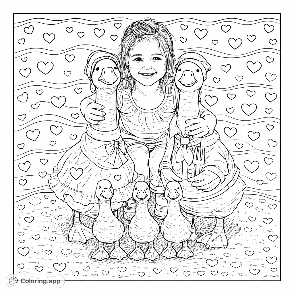 A heartwarming scene featuring a cheerful child embracing two charmingly dressed garden goose statues, with smaller geese and decorative hearts and waves. Perfect for all ages.