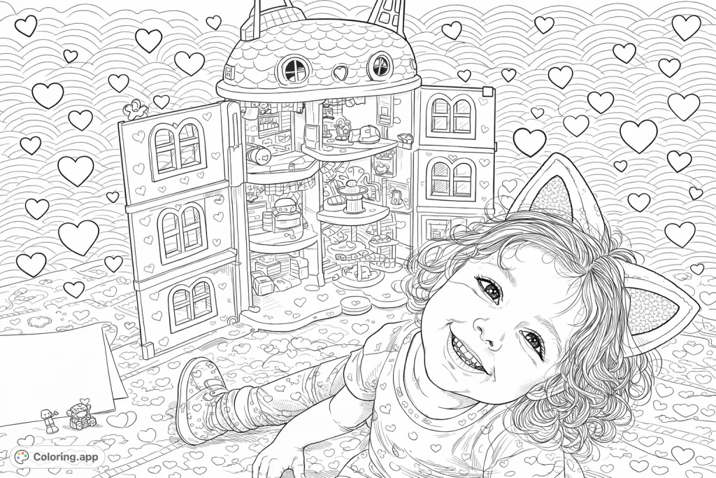 A delightful dollhouse coloring page featuring a smiling child and a whimsical dollhouse filled with playful details, hearts, and wave patterns for kids and adults.