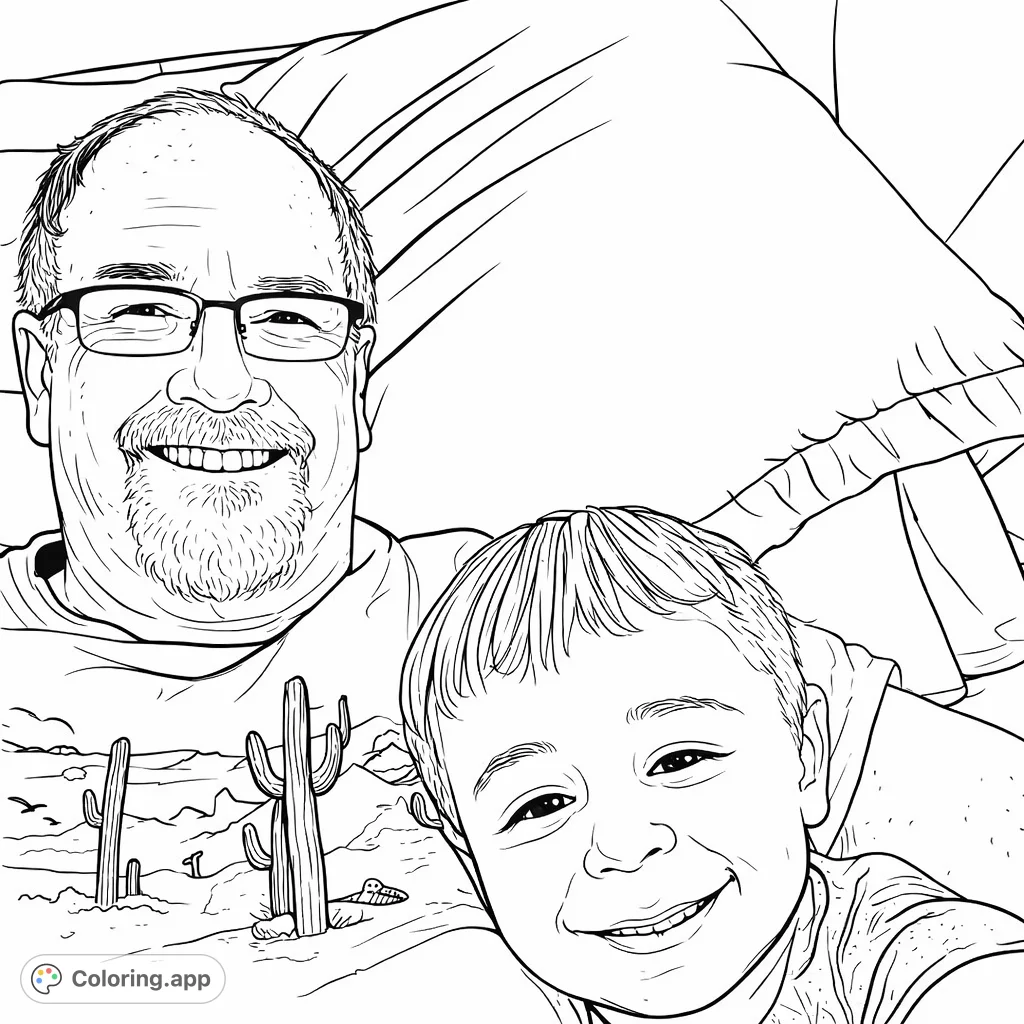 Capture a heartfelt moment with this family portrait coloring page. Featuring a smiling grandfather and grandson, perfect for celebrating intergenerational love.
