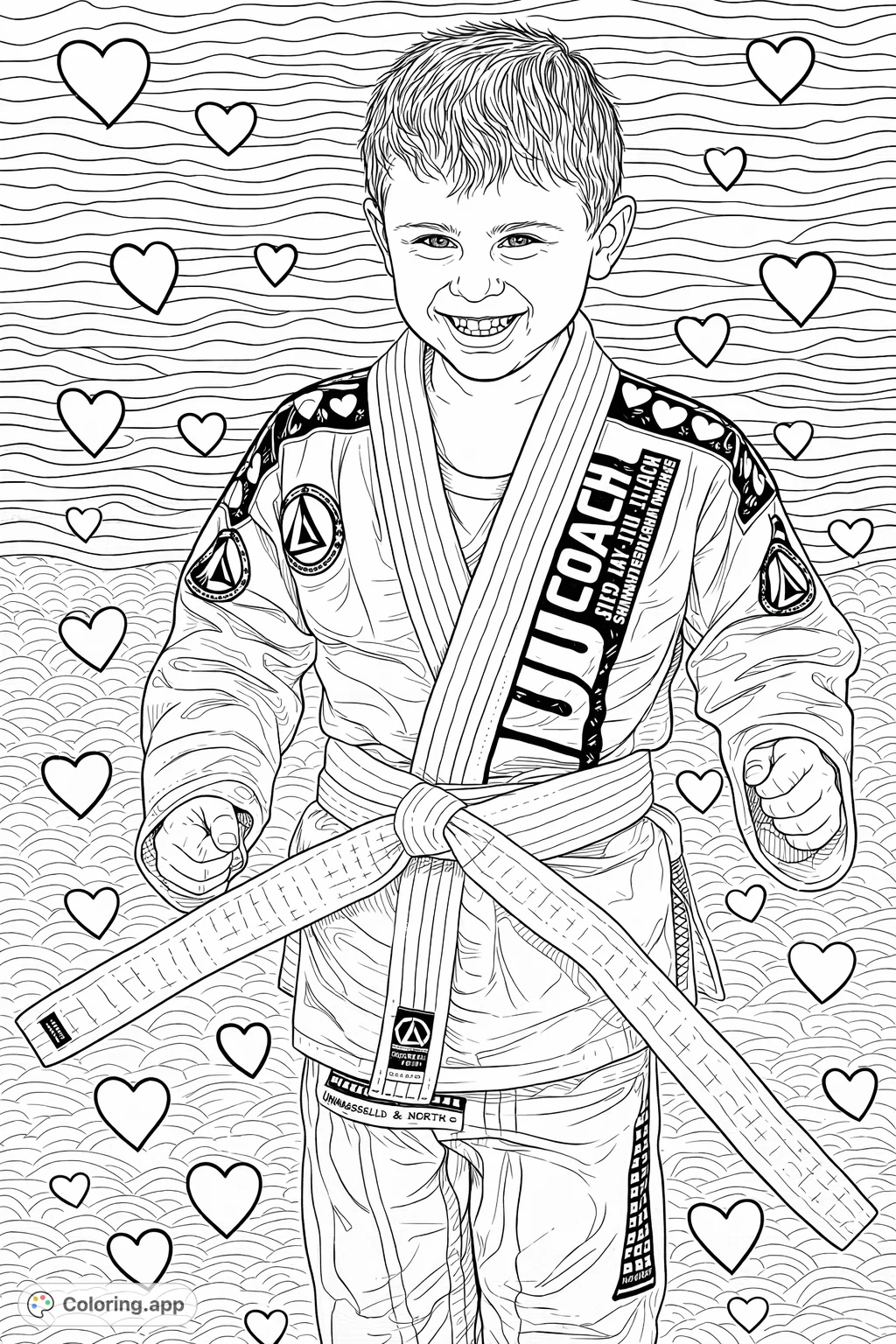 A joyful boy in a martial arts gi, featuring detailed patches and a white belt. Perfect for celebrating strength and enthusiasm, enhanced with hearts and wave patterns.