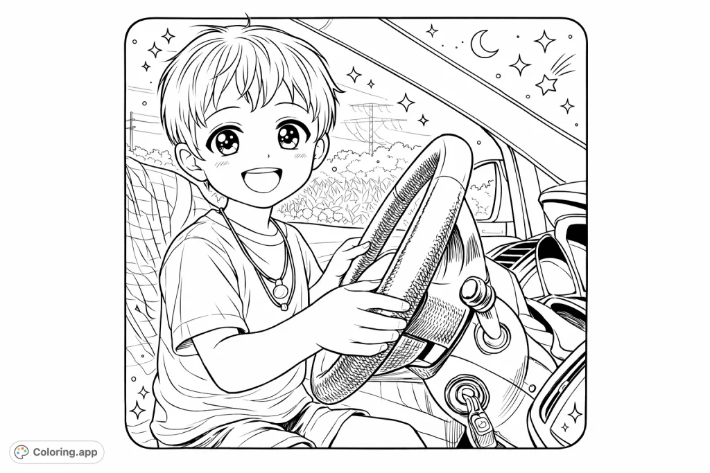 A cheerful anime-inspired child at the wheel, surrounded by characteristic expressions and celestial wonders. This child driver coloring page is a free printable adventure.