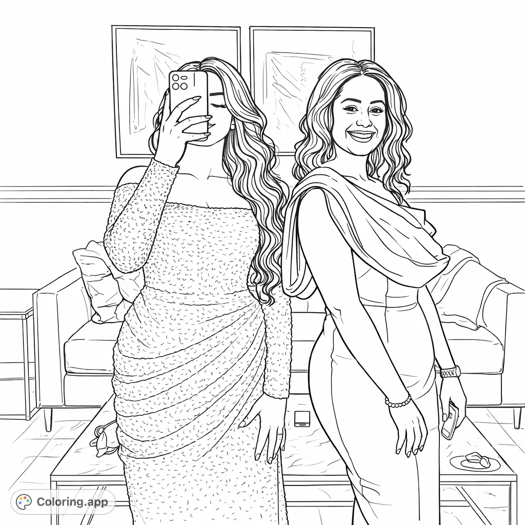 Two women in dazzling formal gowns, one holding a phone, the other smiling, set in a sophisticated room. A glamorous, detailed fashion coloring page.