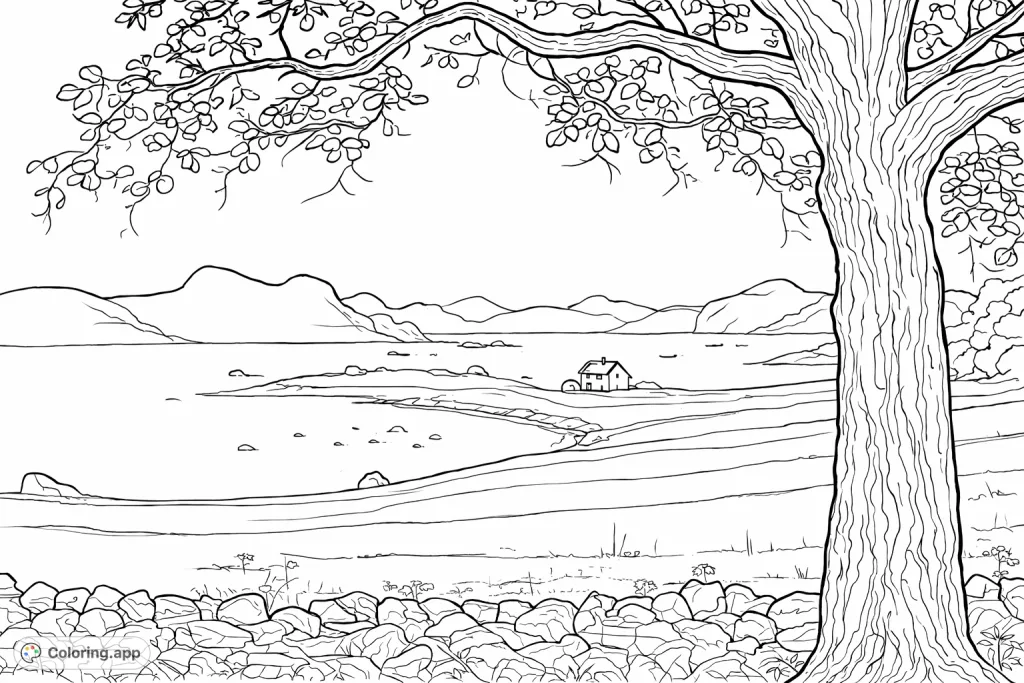 A picturesque landscape featuring a large tree framing a coastal view with rolling hills, a calm body of water, and distant houses, perfect for serene coloring.