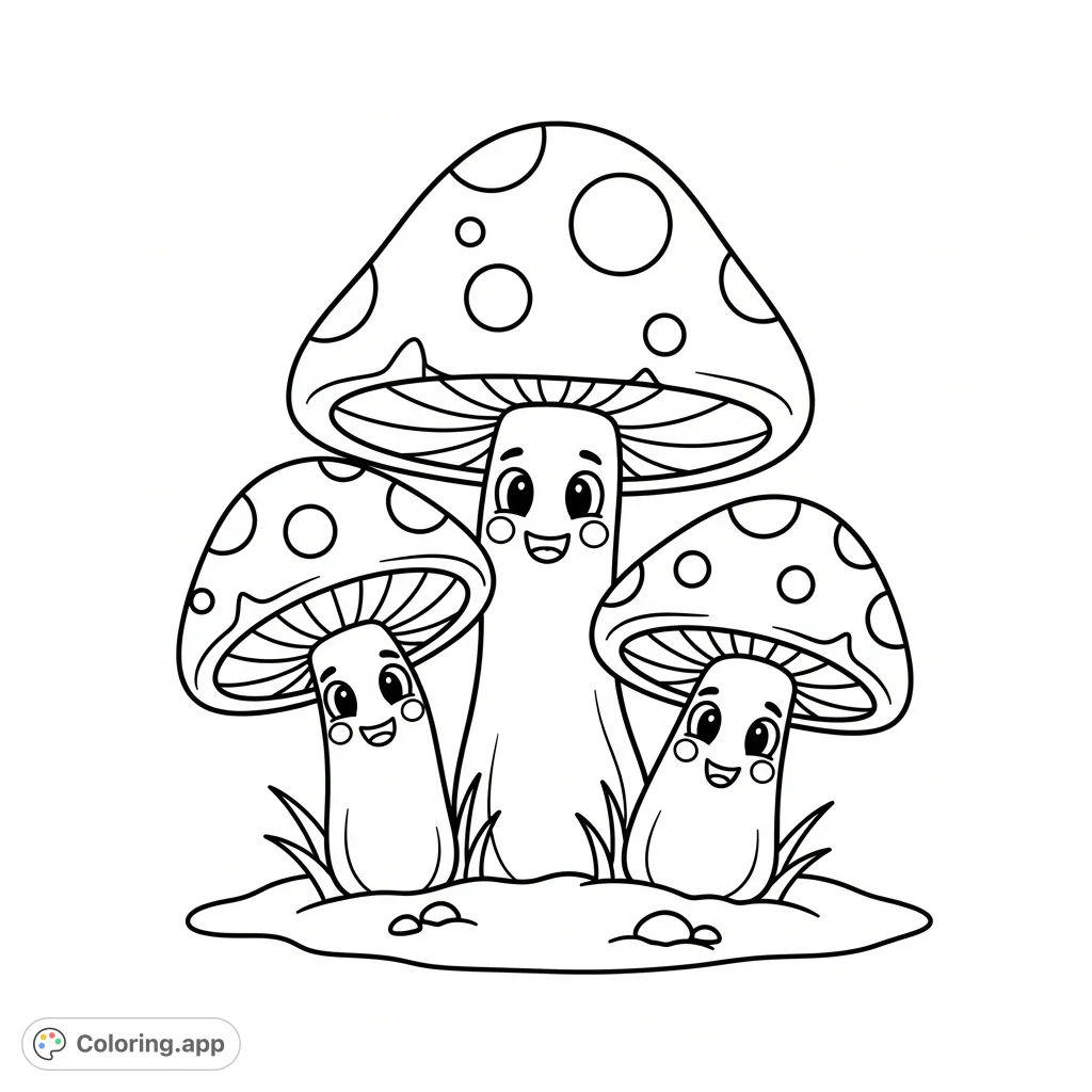 A delightful cluster of smiling toadstool mushrooms with charming spots and expressive faces, ready for a burst of vibrant color!