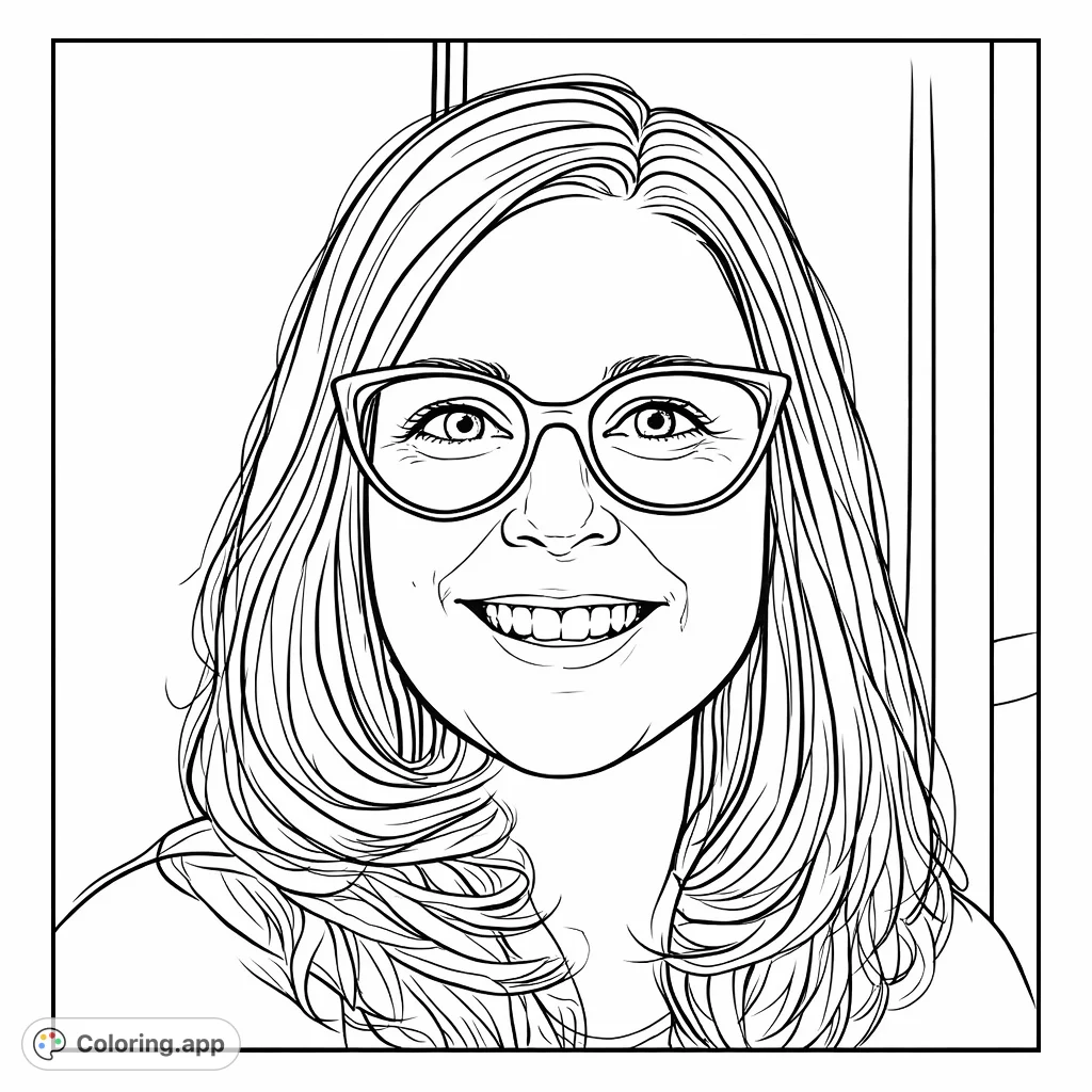 A delightful portrait of a smiling woman wearing glasses, perfect for a relaxing coloring experience. Personalize her features and background.