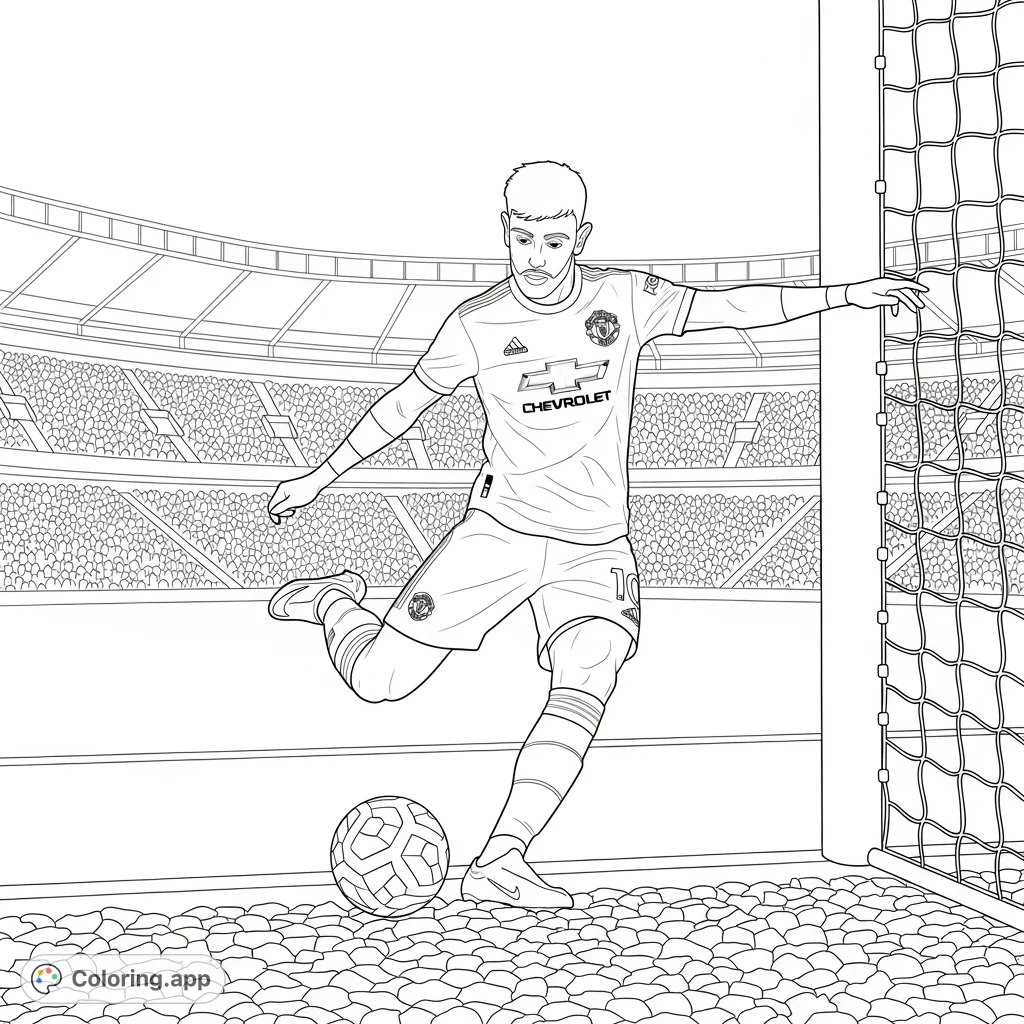 Dynamic Bruno Fernandes penalty kick coloring page for Man Utd fans. Capture the intensity of a match moment with this free printable football coloring page.