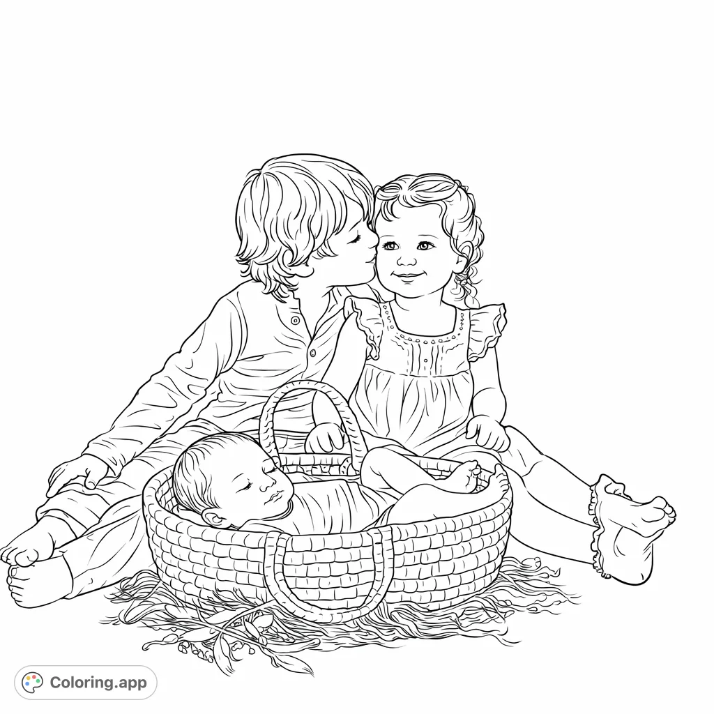 A heartwarming portrait of three siblings, with an older brother and sister lovingly gathered around their newborn sibling in a woven basket.