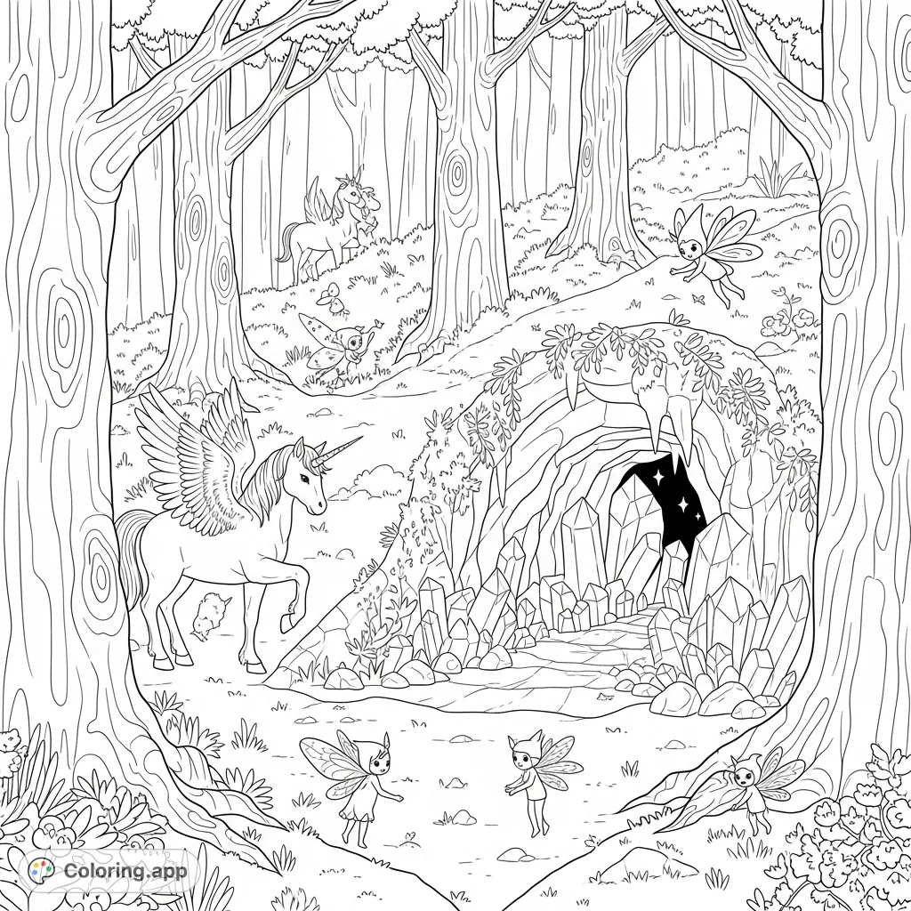 Explore a mystical forest clearing featuring a hidden crystal cave, ancient trees, graceful unicorns, and whimsical sprites. A magical nature adventure awaits!