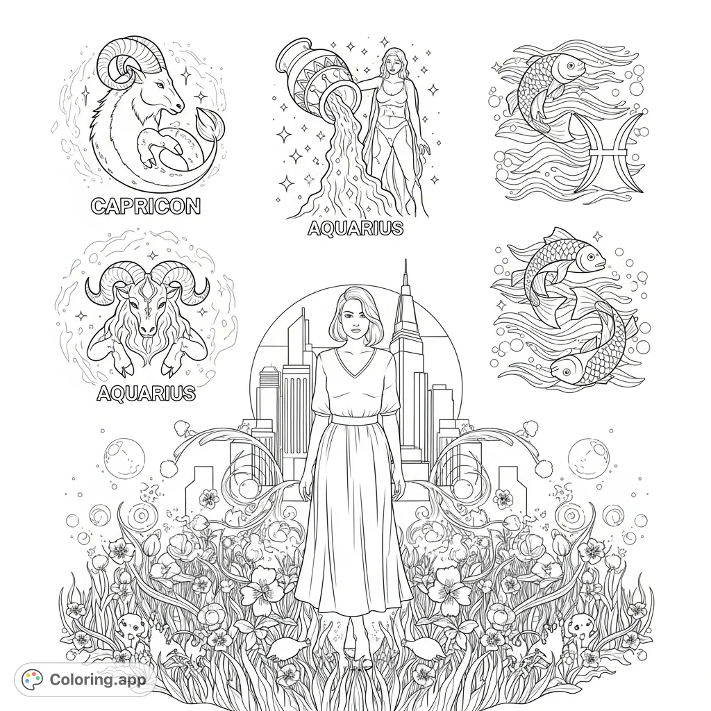 A captivating urban woman at the heart of a scene adorned with celestial Capricorn, Aquarius, and Pisces zodiac symbols, surrounded by earthly flora. A magical urban women coloring page.