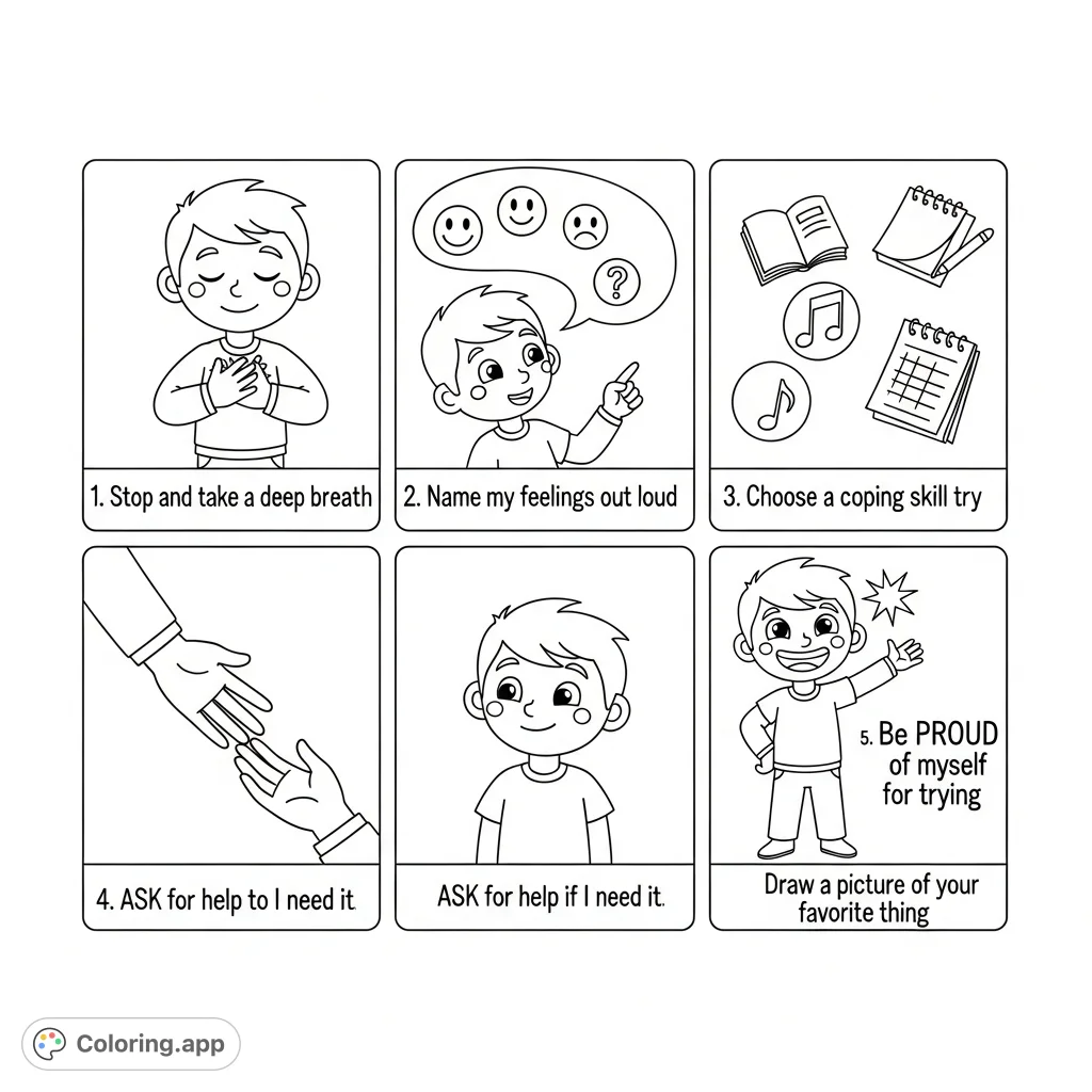 Discover 'My Super Calm-Down Plan' with a friendly character guiding through five steps of emotional regulation and a bonus panel for creative expression.
