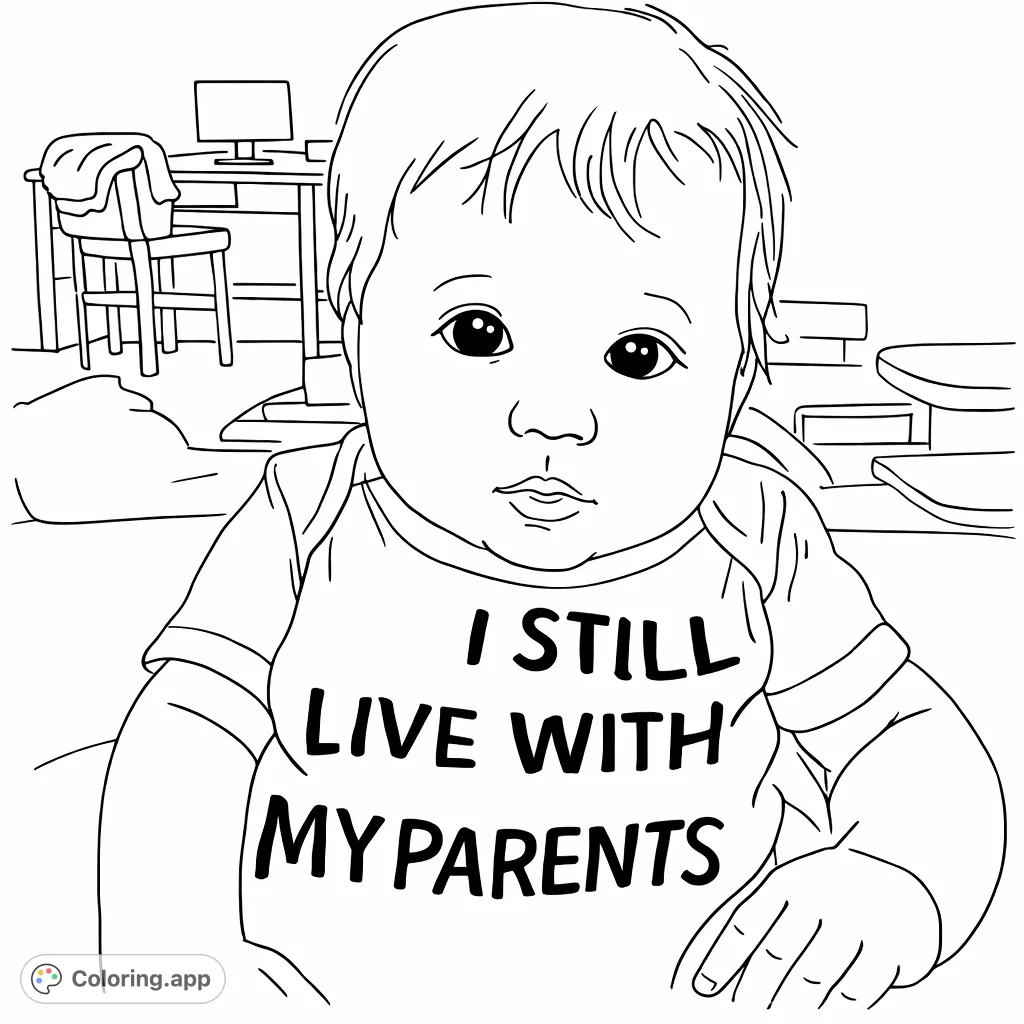 An adorable baby wearing a shirt with a funny message, perfect for a simple and charming free printable baby coloring page experience.