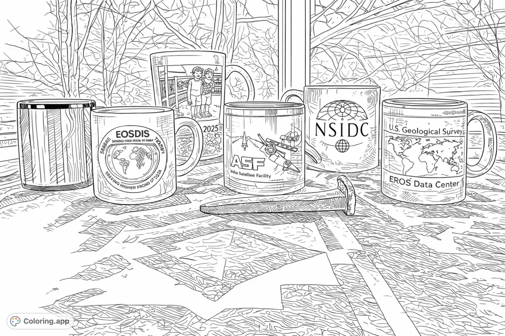 A unique collection of six mugs with various designs and a textured metal spike, arranged on a geometric patterned blanket with a window backdrop. Great for detailed coloring.