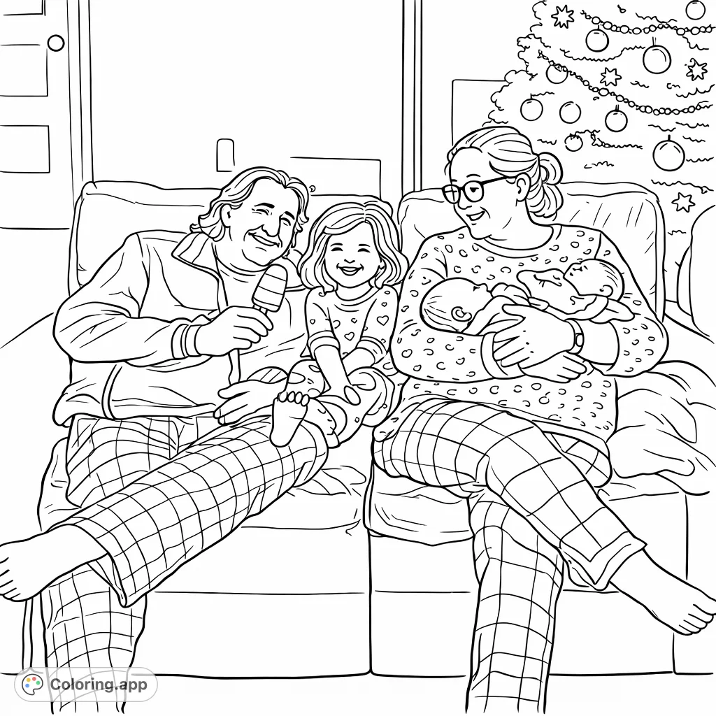 A heartwarming family coloring page featuring a couple, a child, and a newborn baby on a cozy couch with a festive background. A free printable coloring page for all ages.