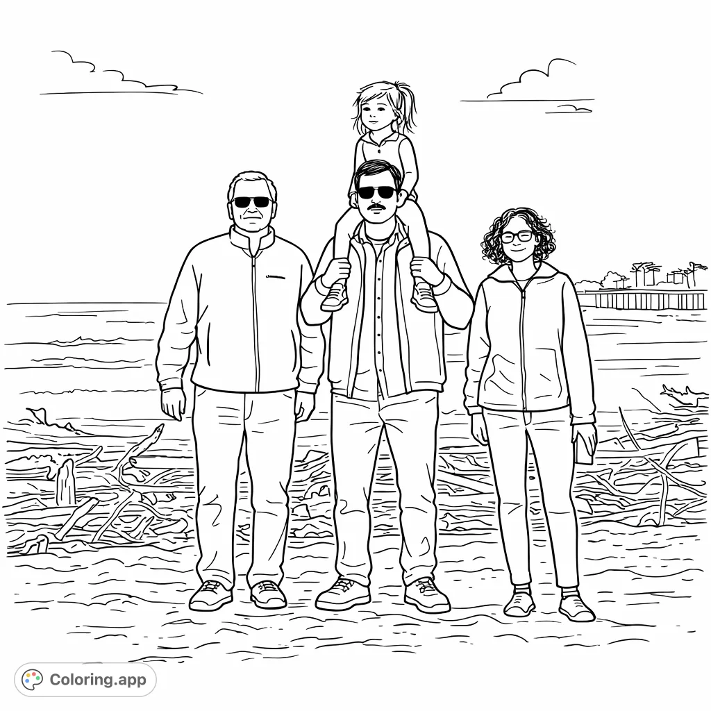 Enjoy a simple family beach scene featuring a group of four, including a child on shoulders, set against the ocean and driftwood. Perfect for a relaxing coloring experience.