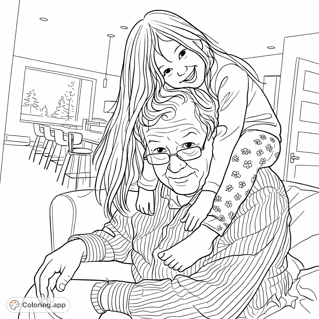 A heartwarming coloring page featuring a child riding on an adult's shoulders, smiling joyfully. Perfect for celebrating family bonds and playful moments.