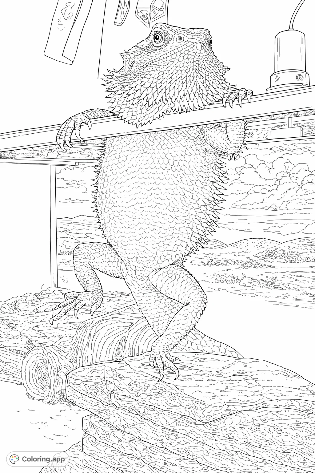 A detailed bearded dragon coloring page, showing the reptile in an engaging pose climbing its enclosure. Perfect for reptile enthusiasts and those who love intricate scale patterns.