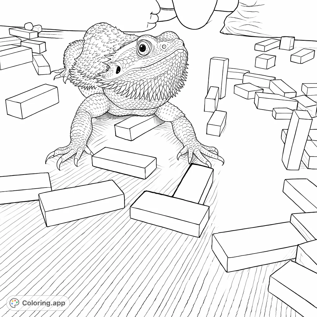A fascinating bearded dragon explores a whimsical arrangement of building blocks. A unique reptile coloring page for all ages.