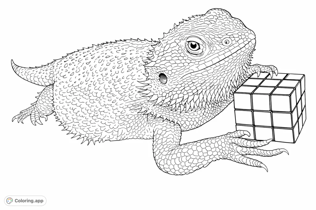 A captivating bearded dragon rests alongside a geometric puzzle cube, offering an intriguing coloring challenge with detailed scales and a structured design.