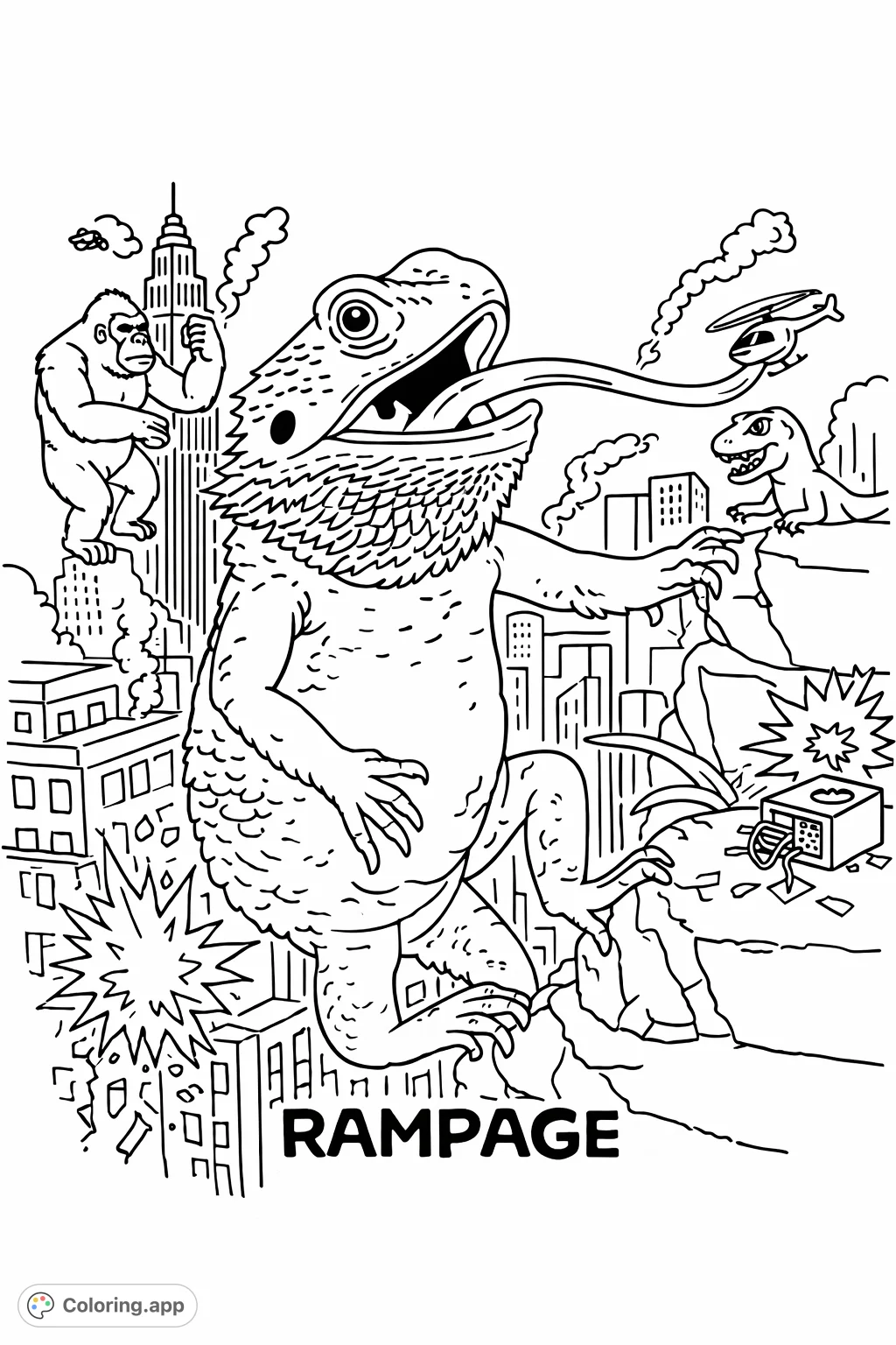 Experience a colossal monster rampage! A giant lizard, gorilla, and dinosaur demolish a city, perfect for an action-packed, simple coloring adventure.