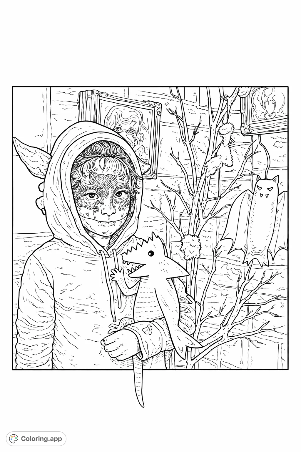 A unique Halloween coloring page featuring a child in a costume holding a lizard and a shark cutout, set against a spooky backdrop with branches and framed art.