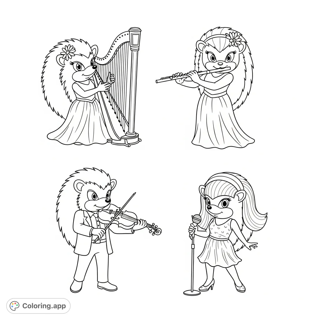 Discover a charming musical hedgehog quartet, each playing an instrument in their corner. A delightful and detailed free printable hedgehog coloring page for all ages!