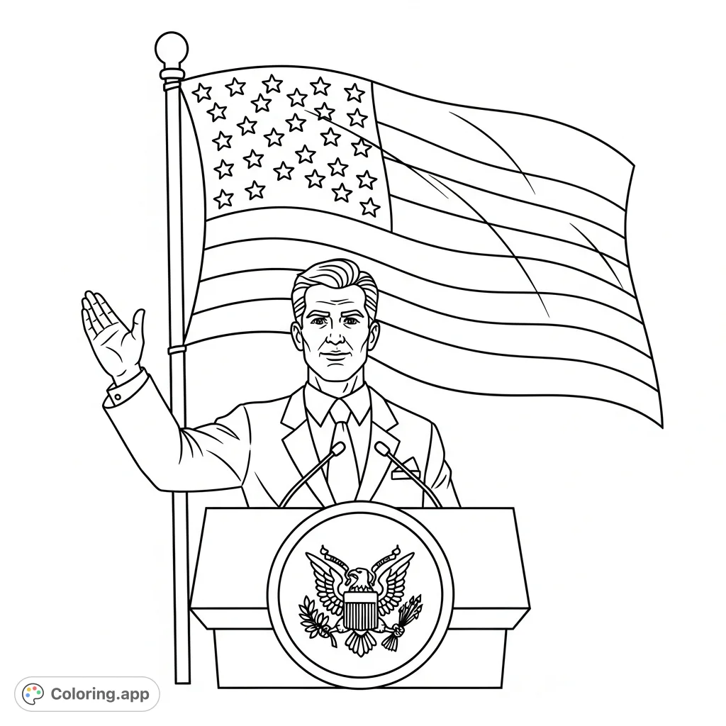 An inspiring public speaking coloring page featuring a formal male figure, a podium with an eagle emblem, and a billowing flag.