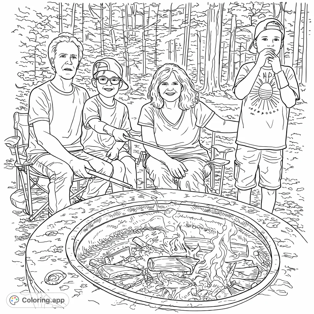 A family gathered around a crackling campfire, roasting treats in a wooded setting. Perfect for a cozy outdoor adventure coloring experience.