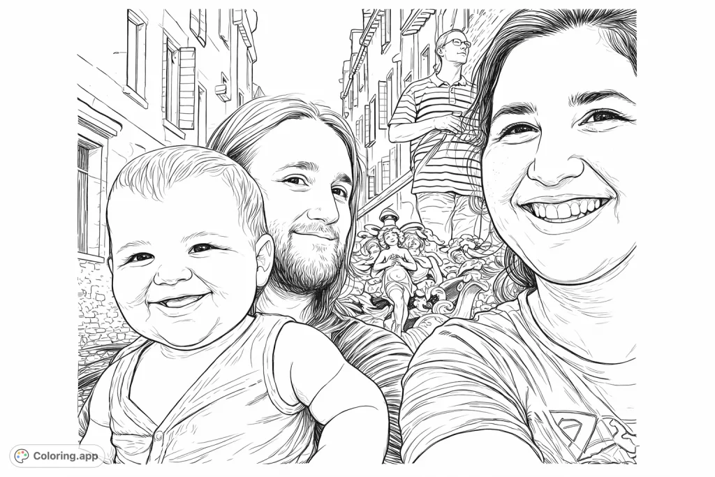 Capture a joyous family moment on a classic Venetian gondola. A smiling baby, parents, and intricate details create a delightful scene for all ages to color.