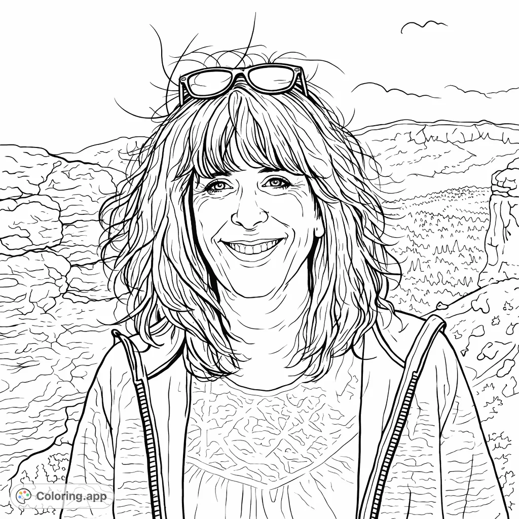 Color a smiling woman with windswept hair against a stunning backdrop of textured rock formations and distant mountains under a cloudy sky.