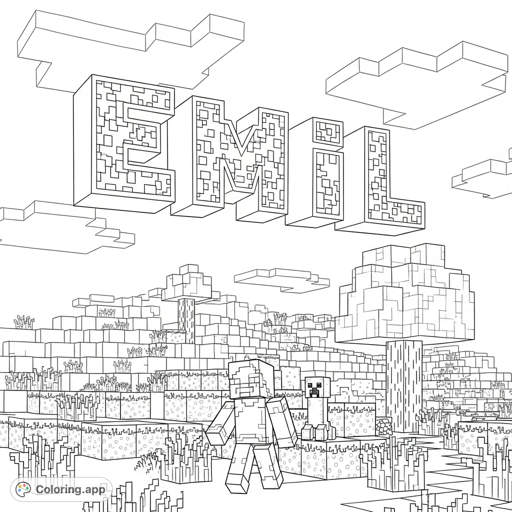 Explore a blocky Minecraft scene featuring a character and the name EMIL. A fun, personalized free printable coloring page for fans of the game!