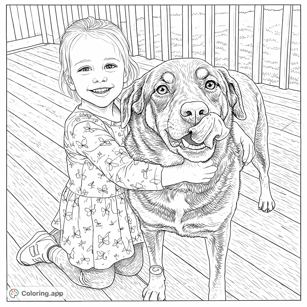 A heartwarming scene features a smiling child hugging a friendly dog on a wooden deck. Perfect for a free printable pet-themed coloring page.