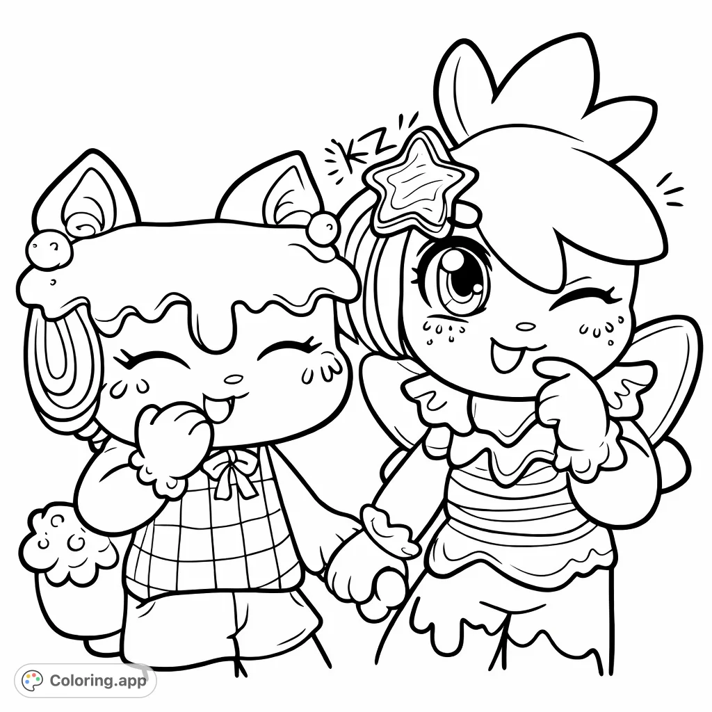 Two adorable cookie-themed characters hold hands, featuring playful expressions and delightful details. Perfect for sweet and fun coloring!