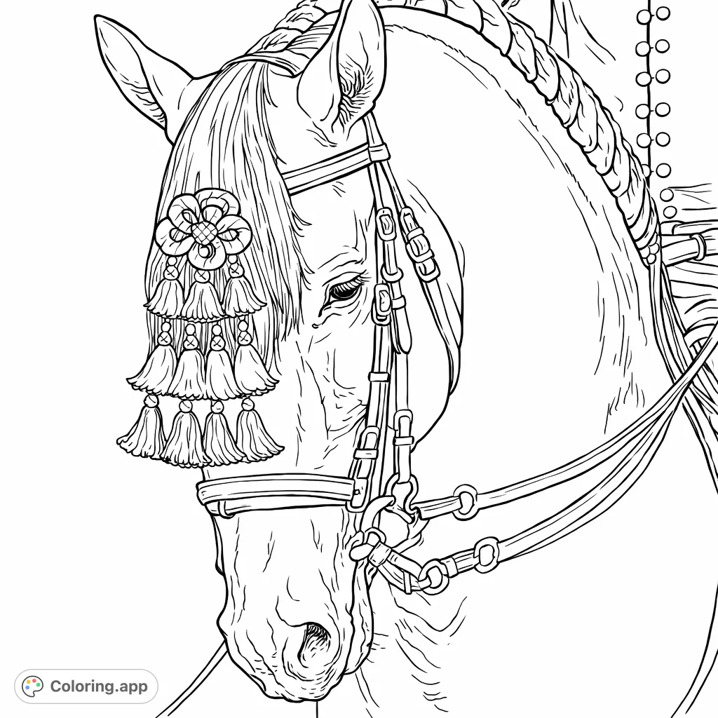 Color this majestic horse adorned with an ornate bridle, featuring intricate straps, buckles, and decorative tassels. A detailed equestrian scene.